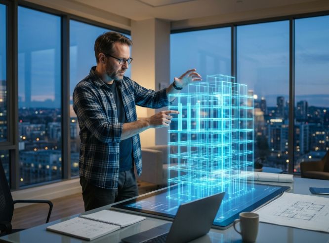 Новинки строительных технологий — инженер работает с BIM-моделью здания.