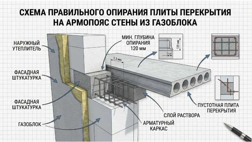 правильное опирание плиты на газоблок