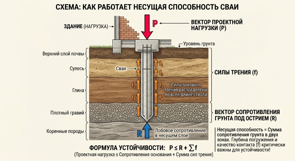 как работает несущая способность сваи схема